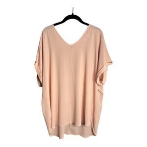 Janette Plus Pink Short Cuffed Sleeve Blouse With V Neckline Plus Size 2X